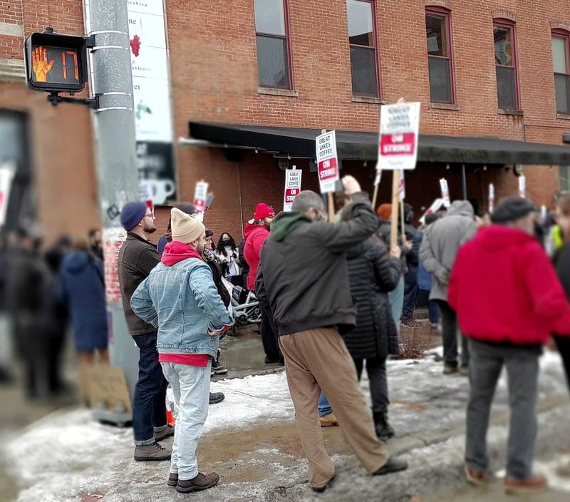 Striking workers outside of Great Lakes Coffee in Midtown