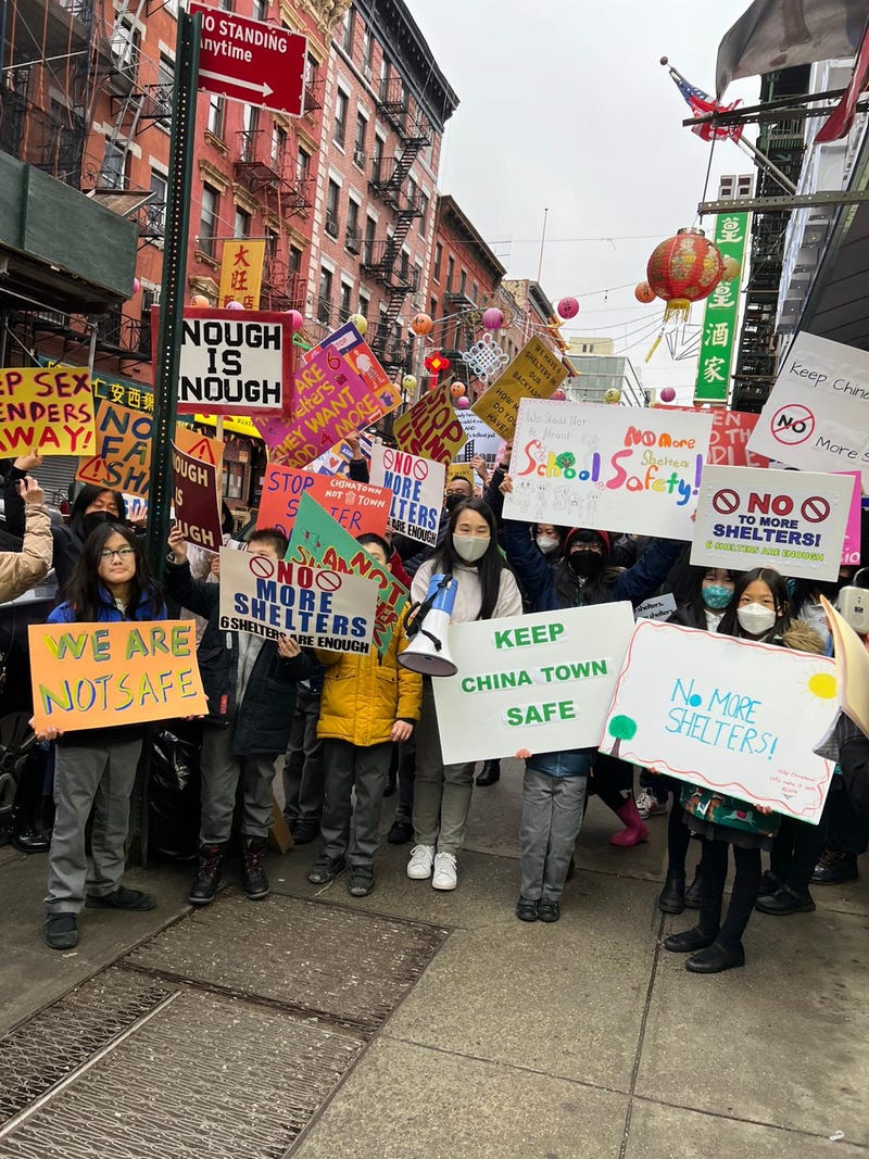 Demonstrators chanted “no more shelters” and “Chinatown, not shelter-town”
