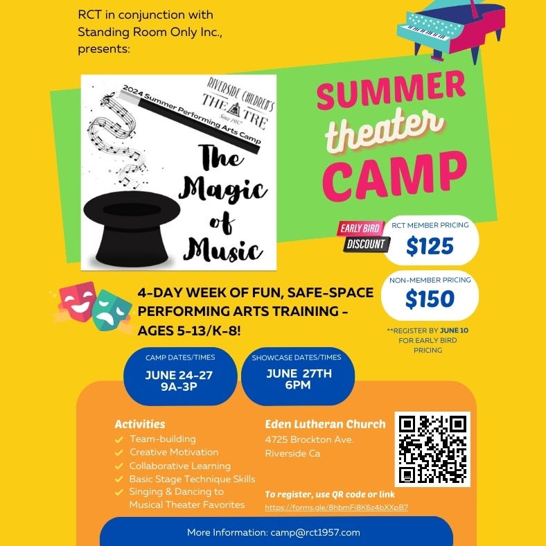 Riverside Children's Theatre Summer Theatre camp flyer