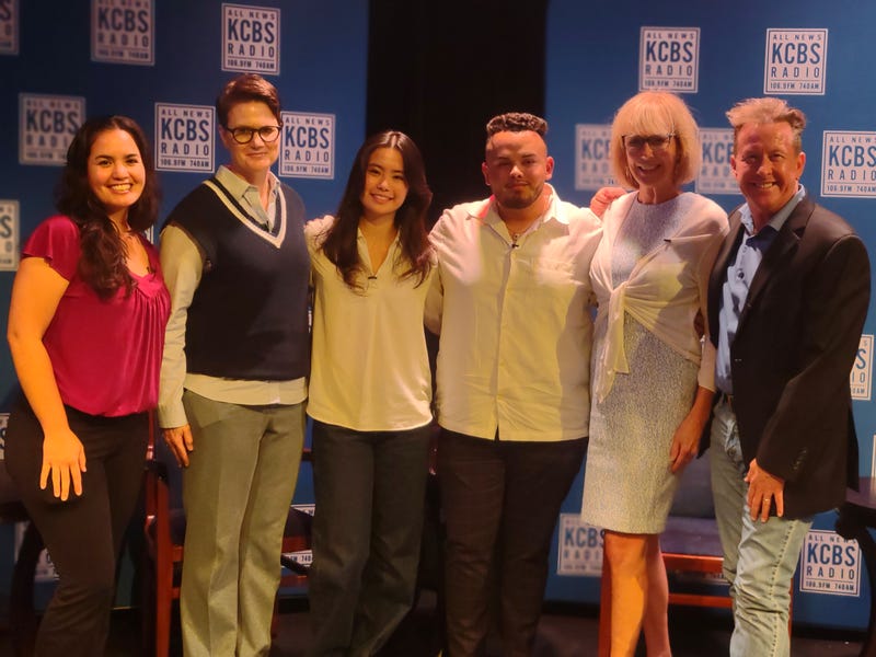 KCBS Conversation: The State of Mental Health panelists (left to right) Lesley Garcia, Nicole Stelter, Amanda Lai, and Juan Acosta pose with event hosts and KCBS anchors (on right) Patti Reising and Bret Burkhart at The Vukasin Theatre at the Lesher Center for the Arts in Walnut Creek on September 23, 2024.