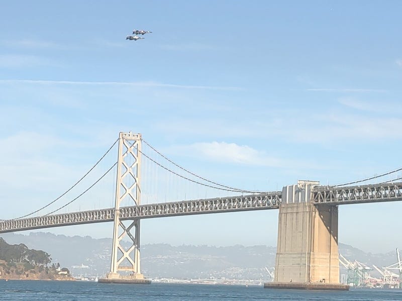 Jets fly over the San Francisco-Oakland Bay Bridge on October 10, 2024 as they practice ahead of the San Francisco Fleet Week Air Show scheduled for October 11, 2024. 
