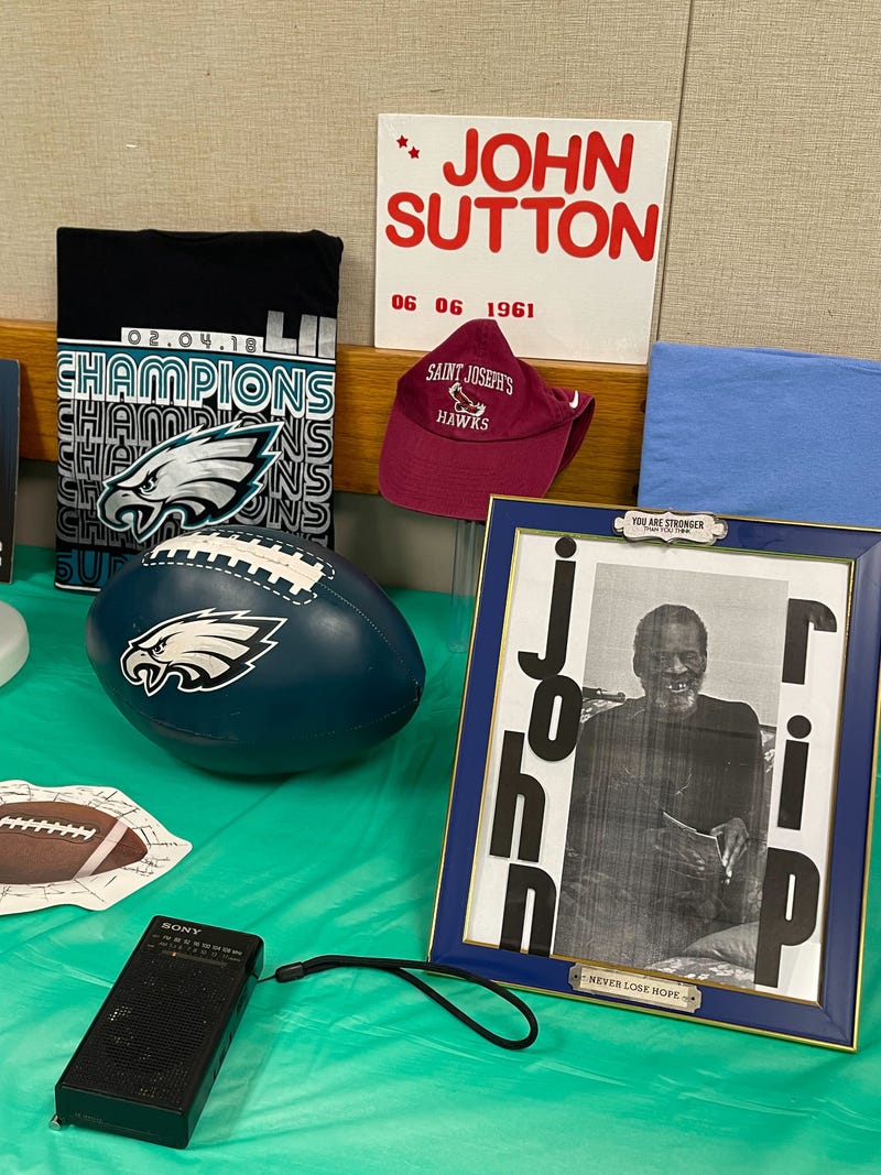 A display at a memorial celebration of the life of Philadelphia sports superfan John Sutton.