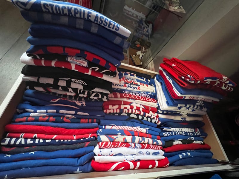 Lots, and lots, of Philadelphia 76ers t-shirts owned by Lauren Gordon.