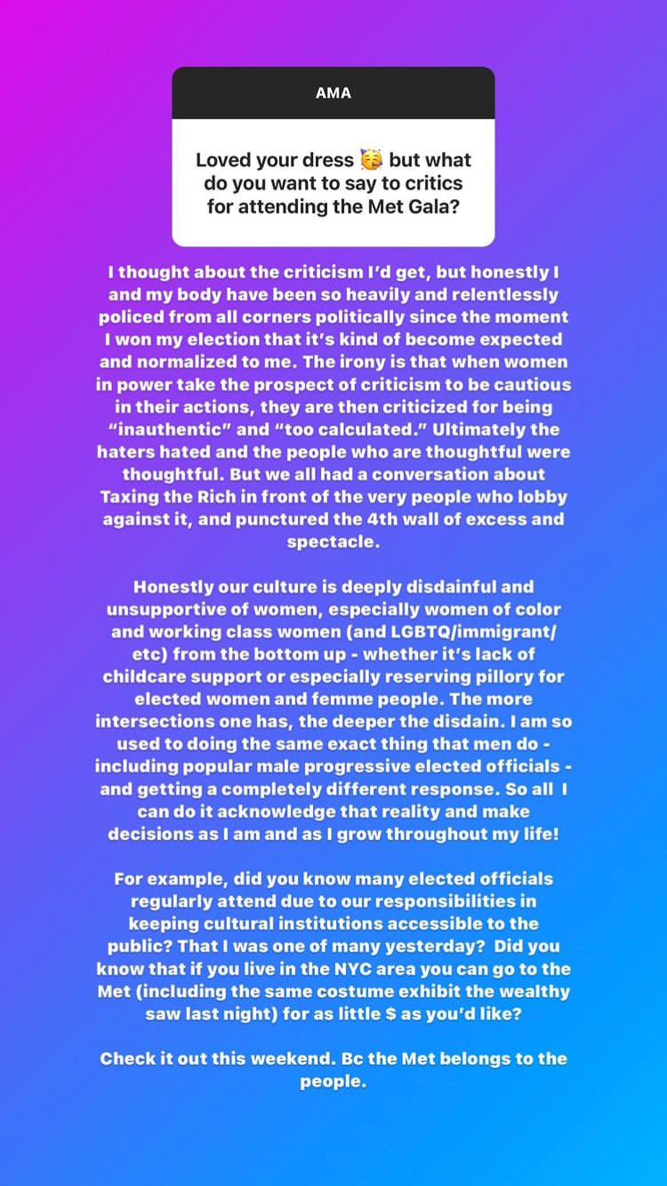 Rep. Alexandria Ocasio-Cortez responds to criticism on her decision to attend the Met Gala in a "tax the rich" gown in an Instagram story Tuesday.