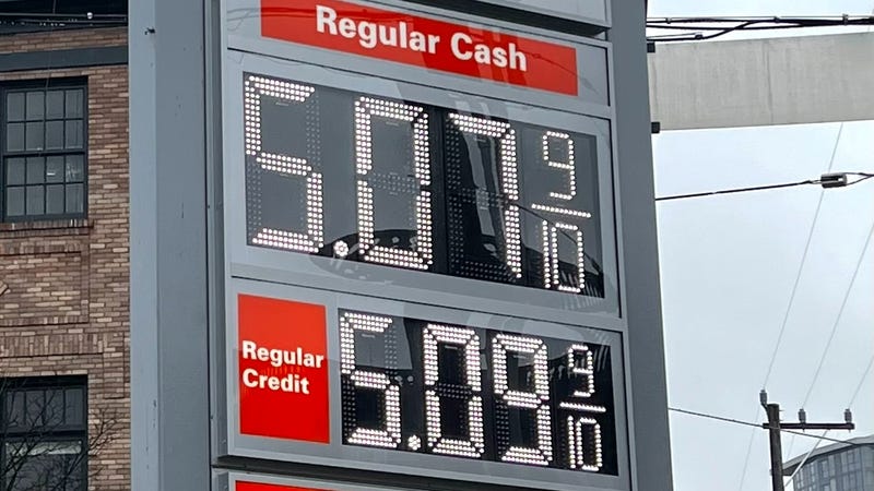 Gas price sign showing prices over $5 a gallon