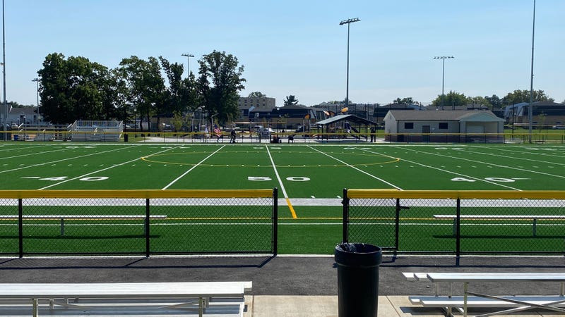 The football and soccer field at renovated Whitman Park.