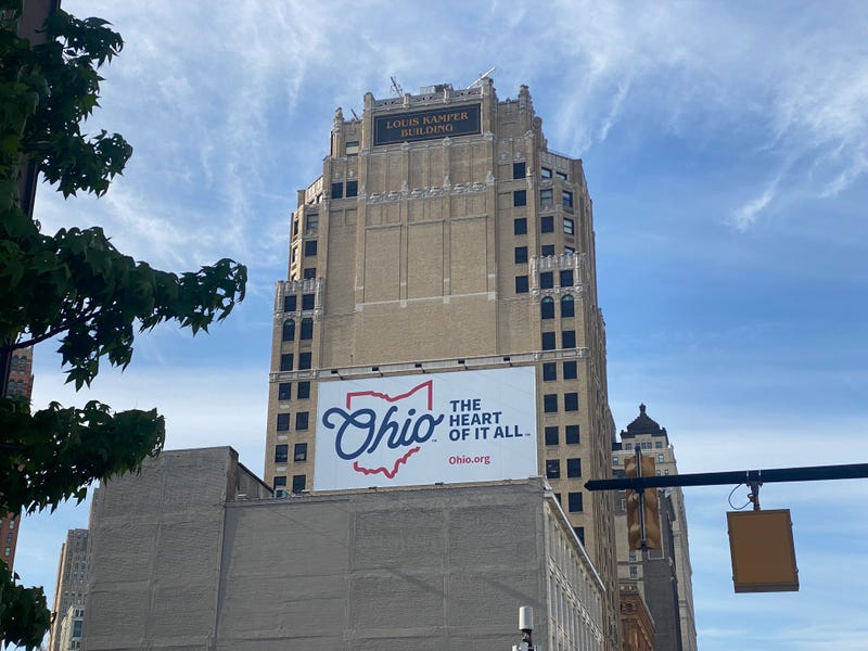 Ohio tourism sign on Louis Kamper Building in downtown Detroit