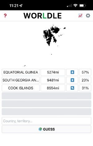 Screen shot of the geography game Worldle showing some unknown island country.