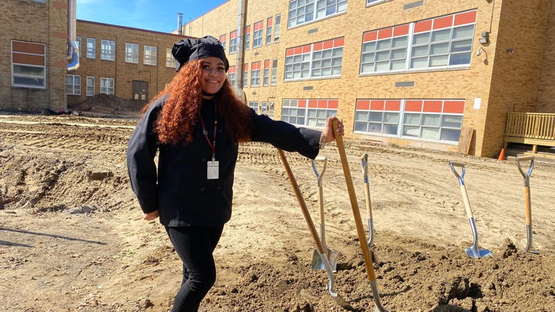 Senior culinary student Briyana Barnes at the site of one of the Camden County Technical High School expansion projects.