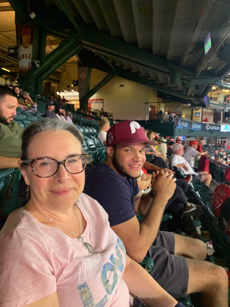 Wendy Rose (left) and her son, Ethan Green, at Angel Stadium in Anaheim, California. 