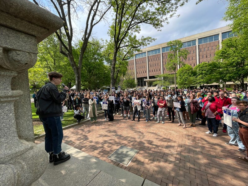 University of Pennsylvania student workers rallied in support of forming a labor union on Wednesday in front of Van Pelt Library.