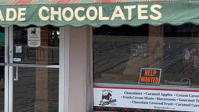 A help wanted sign at a chocolate shop along the Jersey shore.