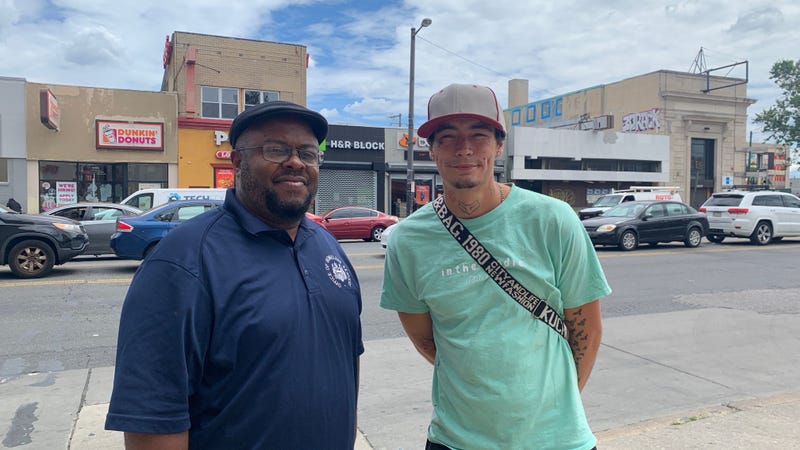 Philadelphia Office of Homeless Services housing initiative specialist Jomo Brown, with Chris, who he has been working with to get into drug treatment and housing.