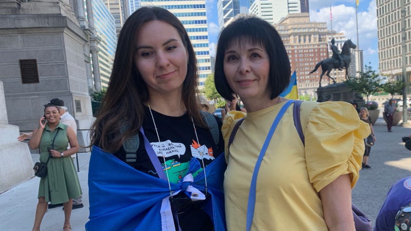 Katrina Fretts and her mother Elena at the Ukrainian flag-raising at Philadelphia City Hall on the 31st anniversary of Ukrainian independence.