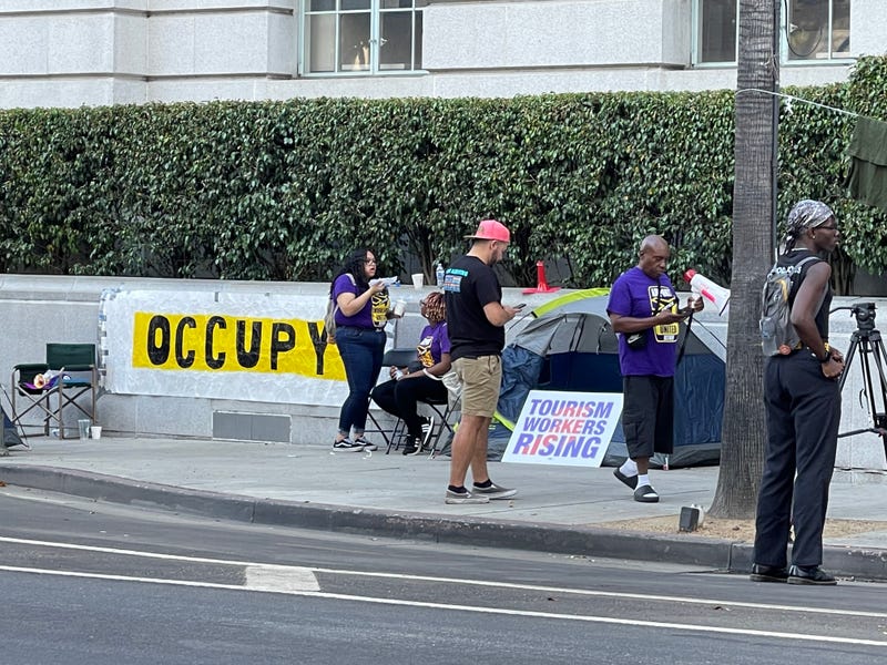 people gathered outside city hall