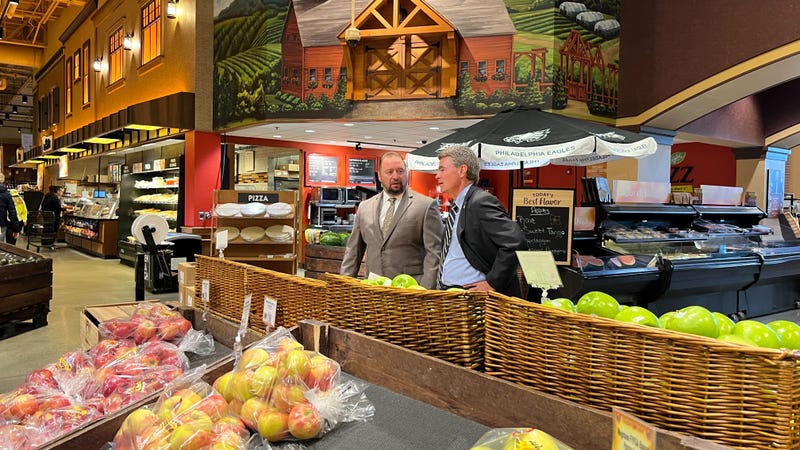 Delaware County District Attorney Jack Stollsteimer (right) and Criminal Investigation Division Chief James Nolan visit the Wegmans grocery market in Glen Mills, Pa.