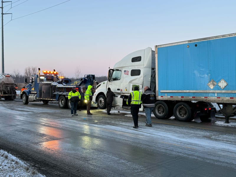 A picture of a jack knifed semi on Wayne Road in Huron Township