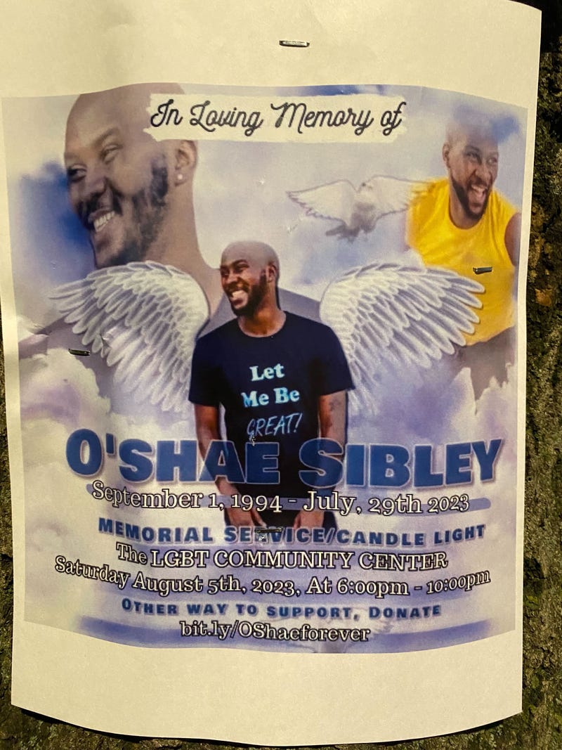 A flyer for a memorial for O'Shae Sibley on Christopher Street in Manhattan on Aug. 2, 2023.