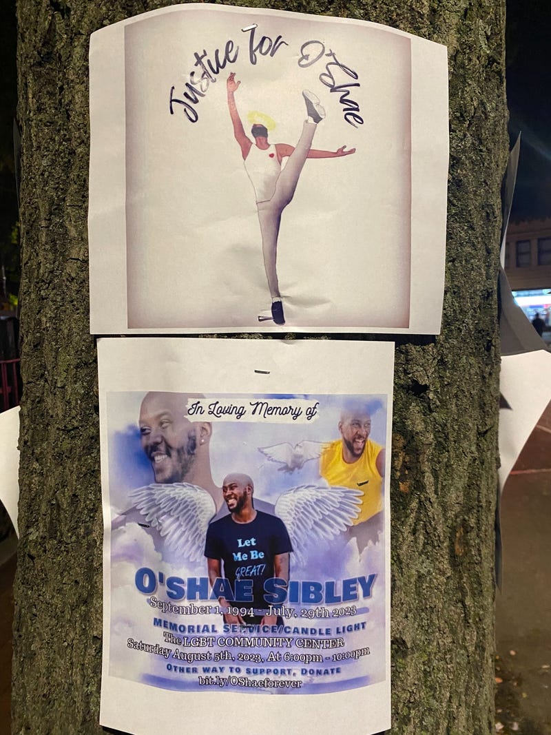 A flyer for Sibley's memorial, as well as a "Justice for O'Shae" flyer, on Christopher Street on Aug. 2, 2023.