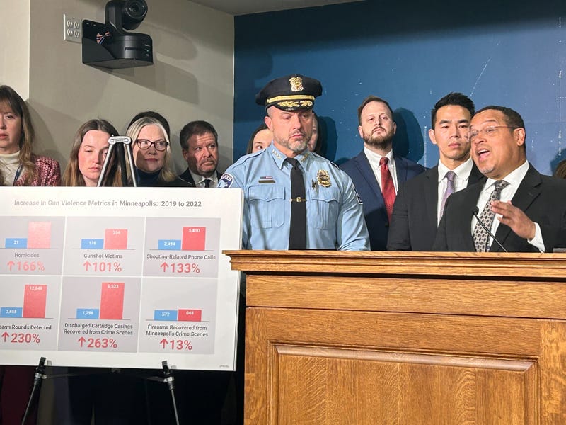 Ellison (right) and Minneapolis Police Chief Brian O'Hara (left) announcing major litigation against gun manufacturer Glock.
