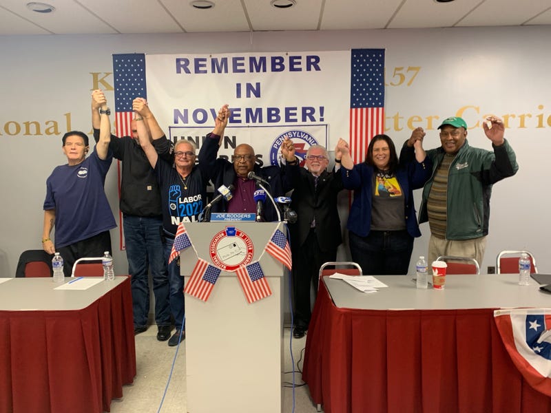 Democratic U.S. Senate candidate John Fetterman, second from left, at a gathering at APWU Local89 postal worker union hall in Northeast Philadelphia.