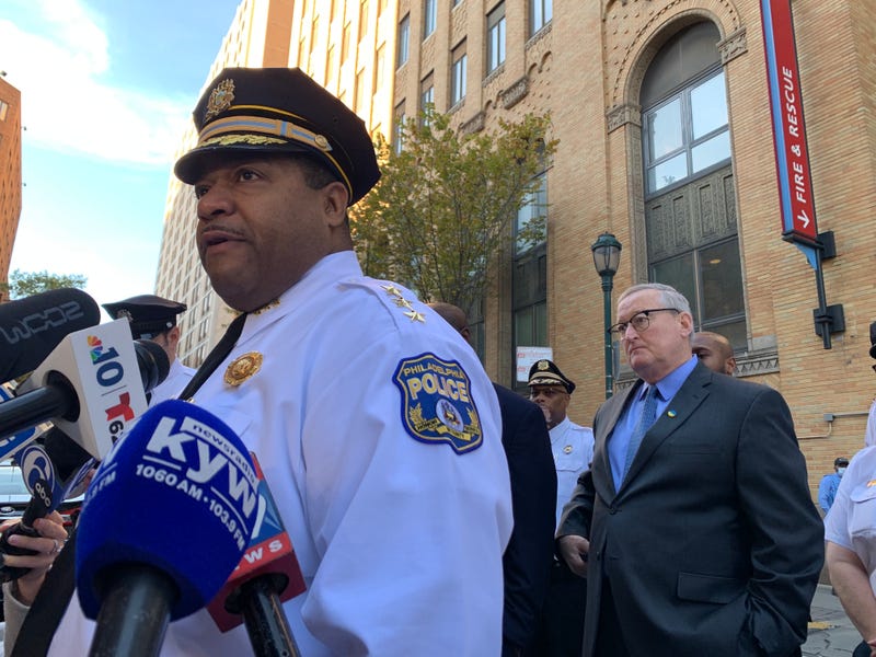 Deputy Commissioner John Stanford and Mayor Jim Kenney (background) speak to the media after three SWAT officers were shot while serving a warrant on Oct. 12, 2022.
