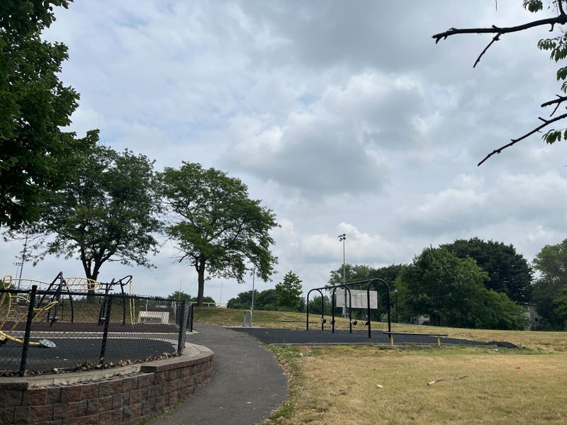 Landscape picture of the playground and swings at Judge Robert Johnson Park in Camden, New Jersey.
