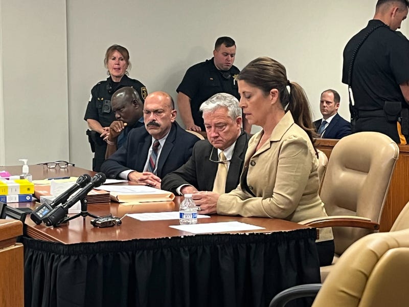 From left: Azuka Ossai; his attorney, Lou Barbone; prosecutor Bill Staas; and Kristi Hughes in the Camden County courtroom on June 15, 2023.