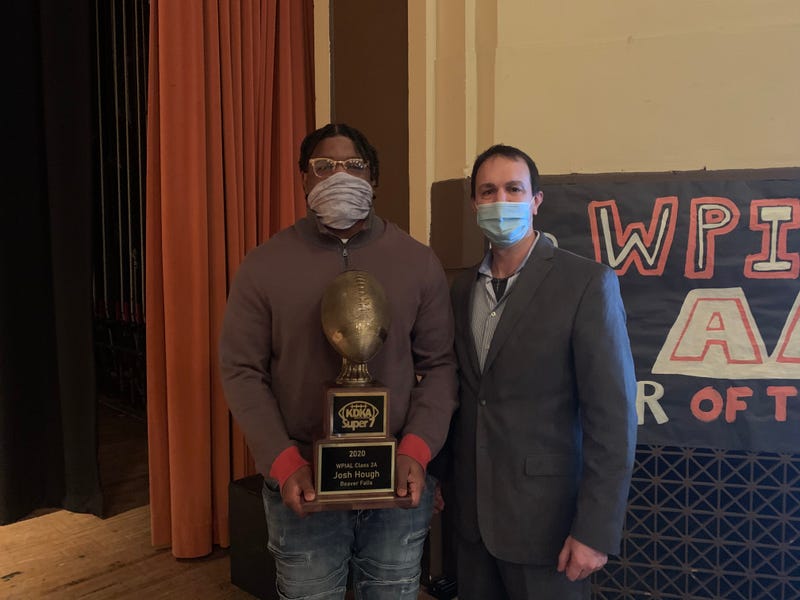 Kevin Battle of the KDKA Radio Morning Show presented Hough with his KDKA Radio Super 7 2A Player of the Year award.