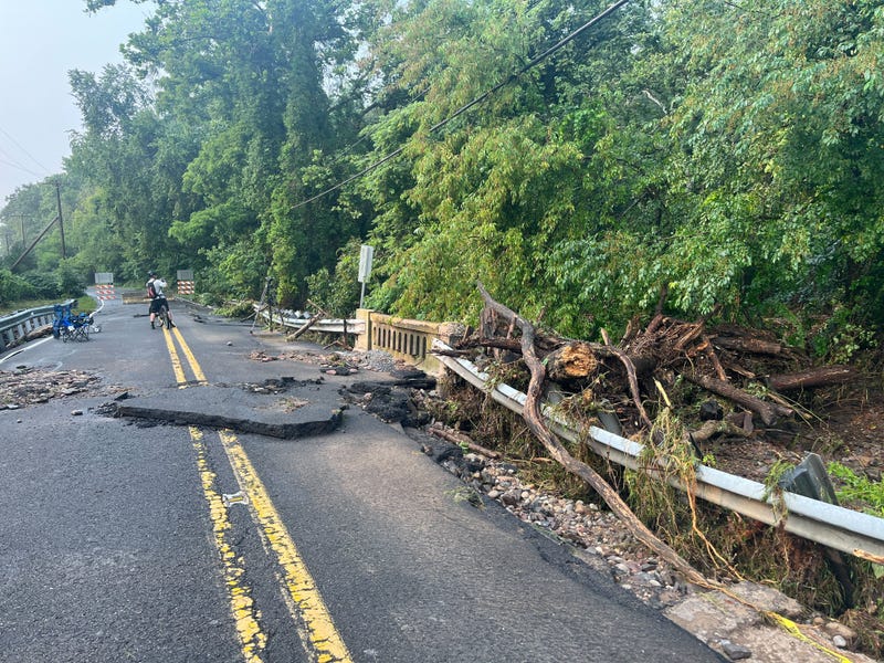 Taylorsville Road in Washington Crossing, Bucks County was damaged by the weekend's flash floods.