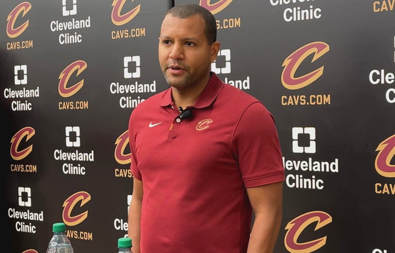 Cavs president of basketball operations Koby Altman speaks with reporters on May 24, 2024.