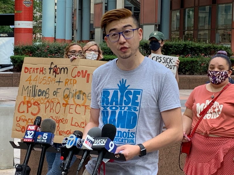 Outside the Thompson Center, Jianan Shi, executive director of the group Raise Your Hand, led the call for the Chicago Public Schools and other districts to listen to the parents worried about the spike in coronavirus cases.