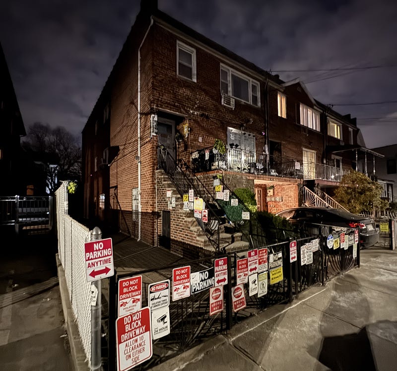 A house in Sheepshead Bay is covered in over 75 signs urging passersby to "not block driveway" and ring the bell"