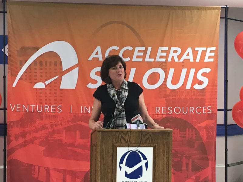 Lambert Airport Director Rhonda Hamm-Niebreugge speaks before a "St. Louis Startup Roadshow" delegation flies to Boston.