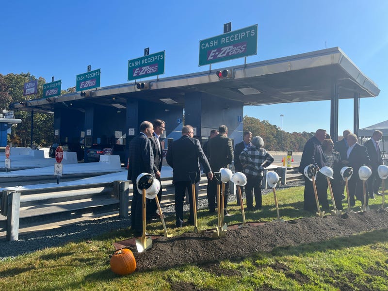 New Jersey officials break ground at the Egg Harbor Toll Plaza along the Atlantic City Expressway, Oct. 30, 2023. Cash toll plazas along the highway will soon be torn down and replaced with electric ones for all drivers.