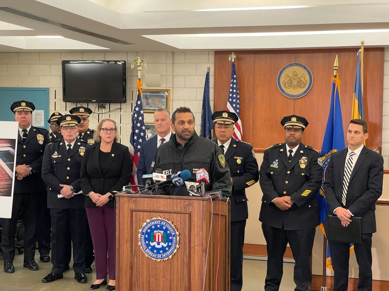 FBI Director Kash Patel speaks at podium about Kensington drug raid