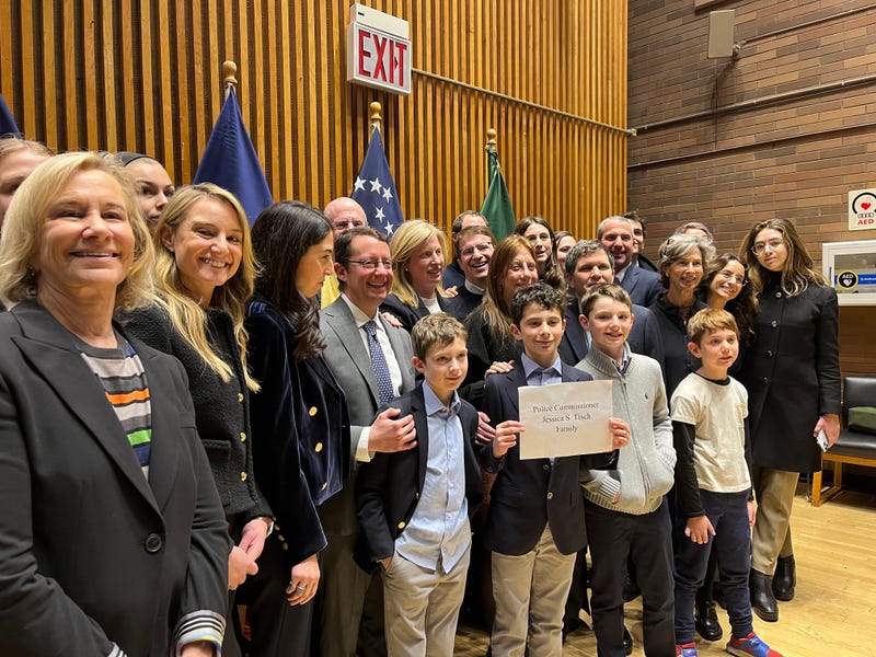 Jessica Tisch and her family at One Police Plaza on Nov. 25, 2024, after being sworn in as NYPD commissioner.