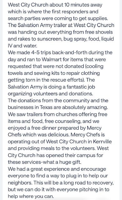 Description of Volunteering After Central Texas Flood