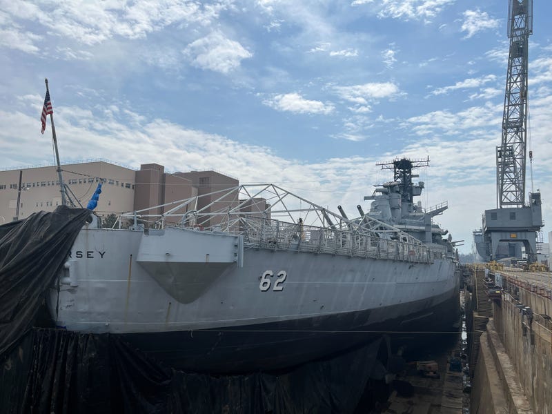 All 900 feet and 45,000 tons of the Battleship New Jersey sits comfortably in dry dock at the Philadelphia Navy Yard.