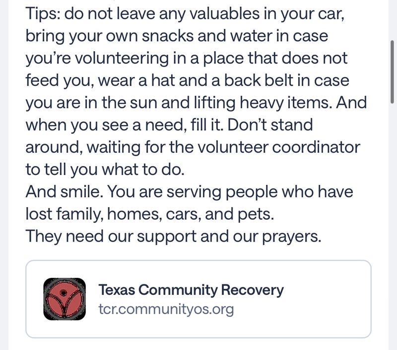 Description of Volunteering After Central Texas Flood