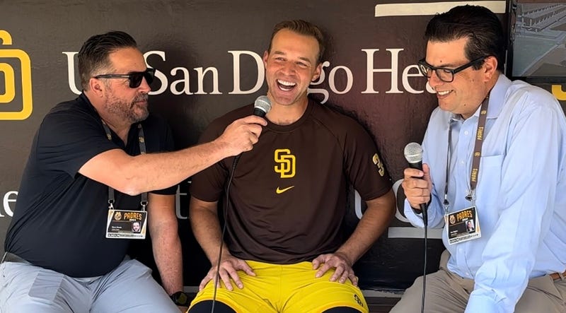 Padres starting pitcher Michael King laughs with Ben & Woods down at Petco Park on September 16th, 2024