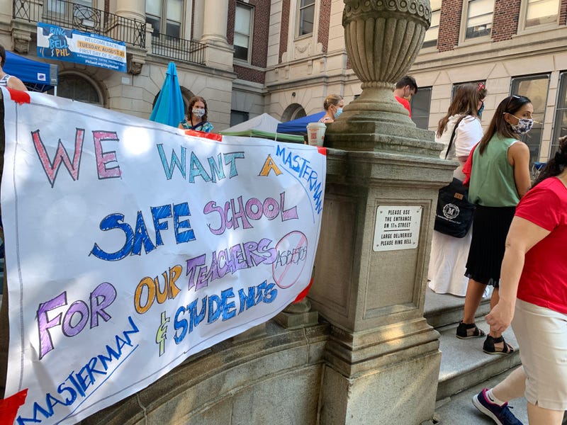 Masterman teachers protest asbestos conditions in Philly school buildings on Aug. 26, 2021.