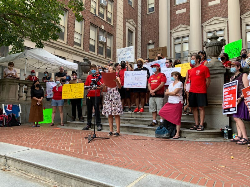 Teachers demonstrate outside Masterman School in August 2021 over asbestos concerns.