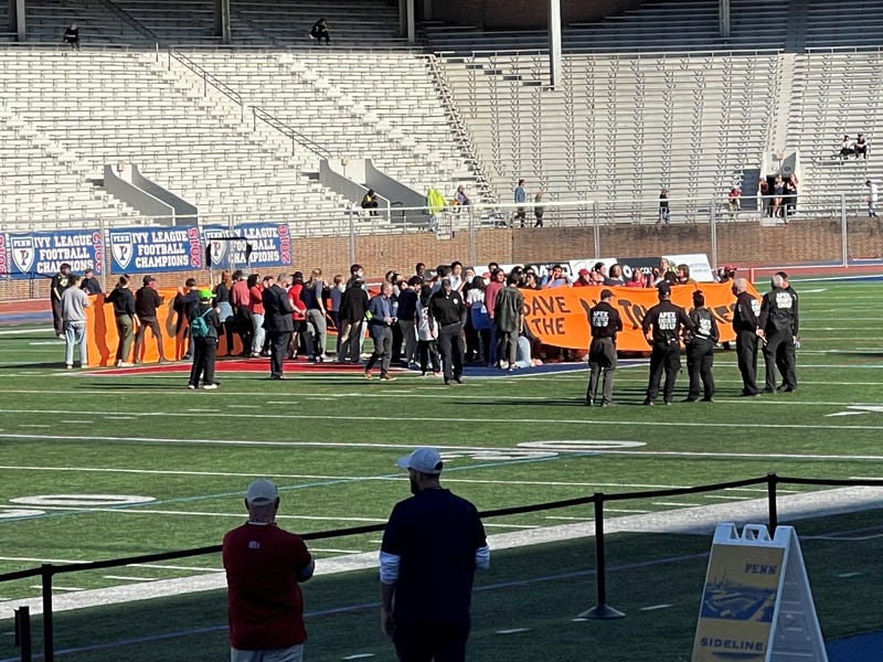 A protest held by Penn students during the Quakers' homecoming game against Yale Saturday afternoon at Franklin Field.