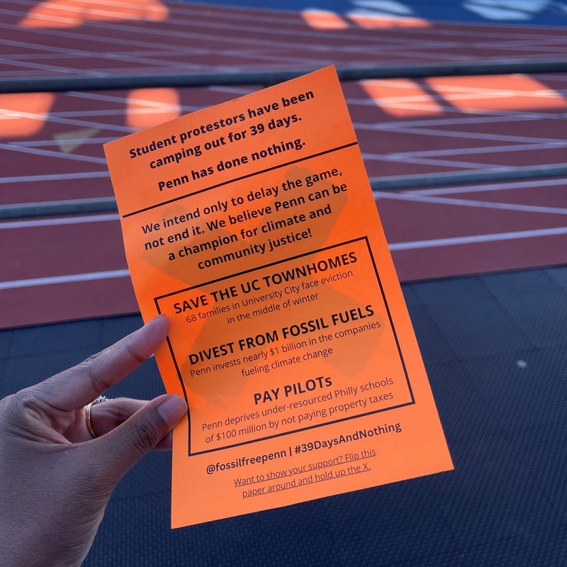 A leaflet distributed as a student group held a protest during Penn's homecoming football game vs. Yale at Franklin Field on Saturday.
