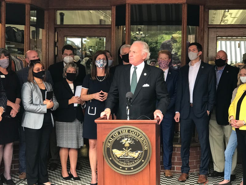 Governor Henry McMaster speaks outside Smith and James in Greer