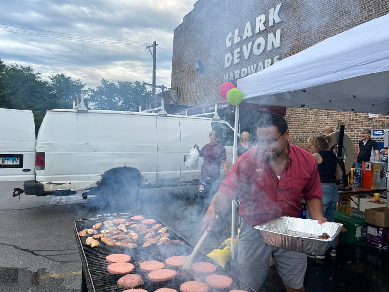 A grill-out takes place at Clark and Devon Hardware in Rogers Park on Wednesday, June 26, 2024. The beloved store was celebrating 100 years of business and provided lunch to any customer who made a purchase.