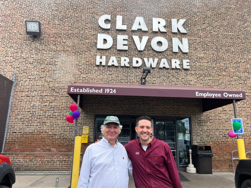 Ken Walchak, left, poses for a photo with Xan Flink outside of Clark and Devon Hardware. Walchak's grandfather founded the Rogers Park store in 1924, and in 1923 the business became employee owned after Walchak and his brother Ed retired. Flink now serves as president.