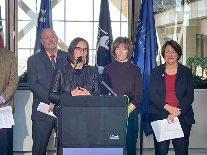 Lt. Governor Peggy Flanagan with Minnesota Senators Tina Smith and Amy Klobuchar announcing that Hennepin County has effectively ended veteran homelessness.