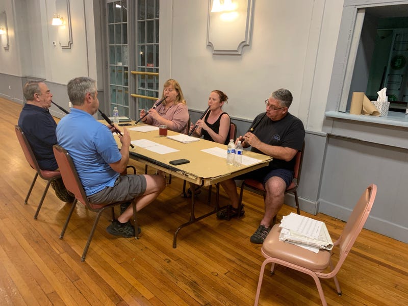 Members participate in a piping class held on Tuesday nights.